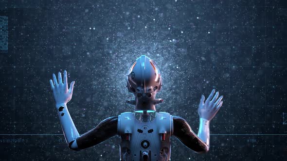 sci-fi woman robot ,  large holographic interface alt