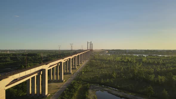 Aerial orbital of Zarate Brazo Largo road and railway complex cable-stayed bridge between Entre Rios alt