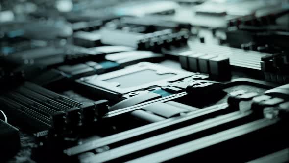 Loopable fly over computer circuit board, transistors, hardware electronics. 4K alt