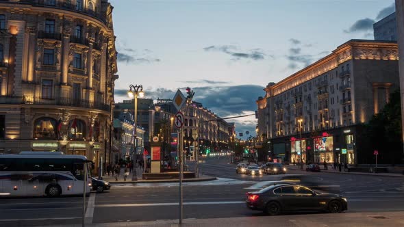 Moscow, night view of Tverskaya street traffic.