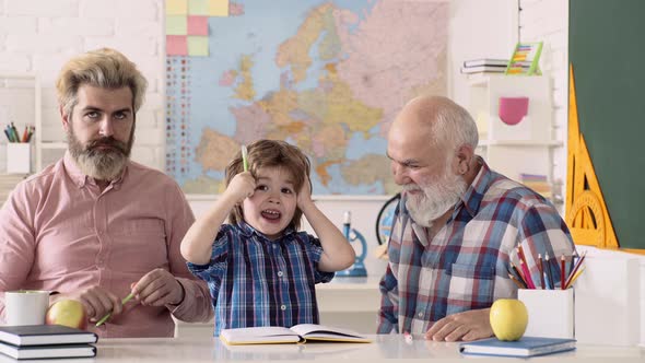 Grandfather Father and Grandson Playing Indoors. Generation of People and Stages of Growing Up. Man alt