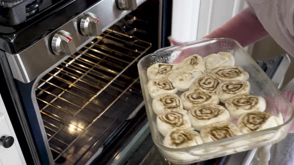 Placing a pan of raw cinnamon rolls into a warming oven to raise and then bake alt