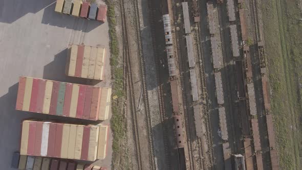 High Angle View of Trains and Freight Containers Shot From Above