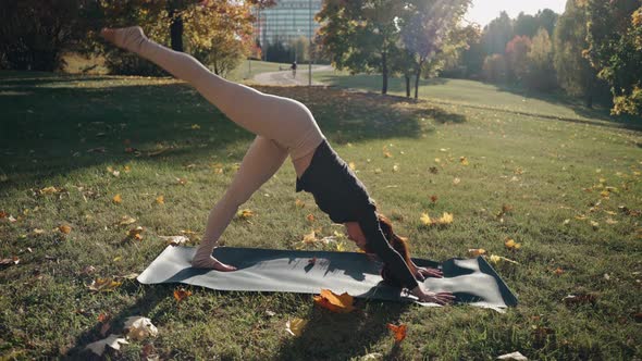 Young Woman Practices Yoga in Autumn City Park on a Yoga Mat