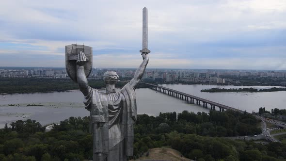Motherland Monument in Kyiv, Ukraine By Day. Aerial View alt
