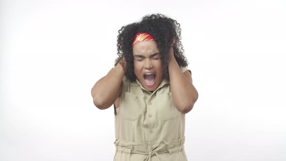 Stressed African American Girl Fed Up Had Enough Cant Hide Emotions Inside Grab Head Start Screaming alt