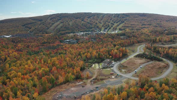 Aerial Drone Shot of Mount Pocono Ski Resort During Fall with Peak Leaf Colors