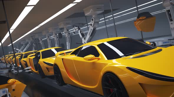 Modern, automated supercar assembly line. Robotic arms manufacturing vehicles.4K alt