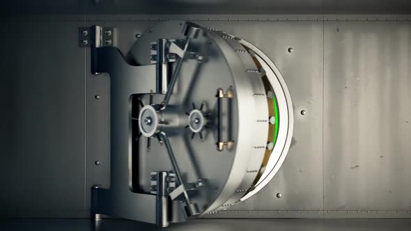 Bank Vault doors unlocking with a green screen inside. Safe for money, gold.