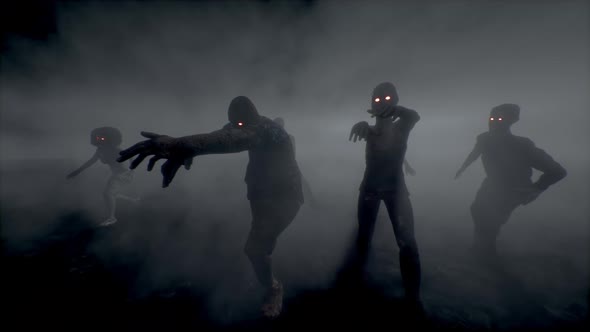 Group of scary attacking zombies . Halloween concept.