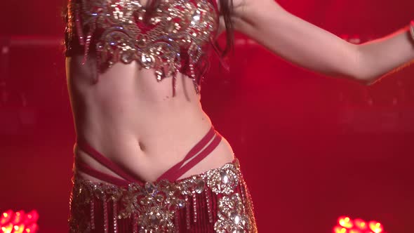 Torso of a Exotic Female Belly Dancer in a Shiny Oriental Costume. Shot in a Dark Studio with Smoke alt