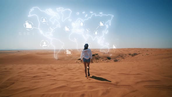 Back View of Woman in Summer Clothes Walking on Sand Desert on Sunny Day alt