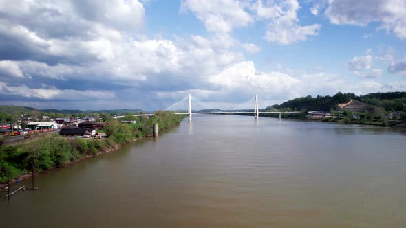 AERIAL - Ironton-Russell Bridge, Ohio River, Ironton, Ohio, forward approach shot alt