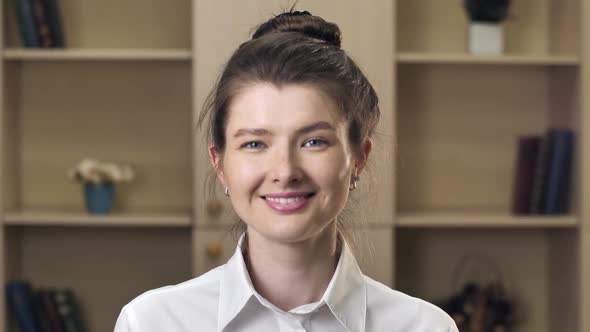 Beautiful Smiling Confident Young Woman Beautiful Face Looking at Camera Posing Alone at Home in alt