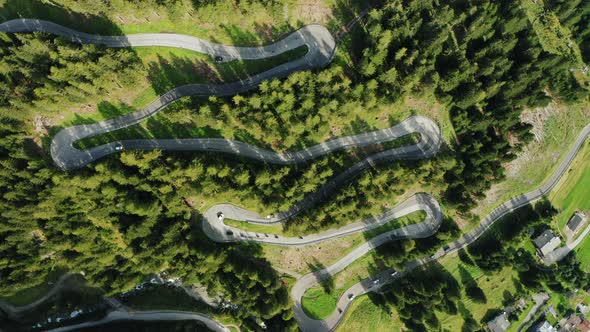 Aerial Top Down Drone View Above the Winding Mountain Road Between the Trees Near Passo Giau in alt