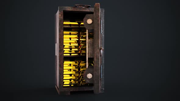 Precious gold bullion bars stacked tightly in a vintage safe with metal door. alt