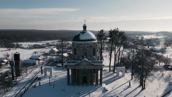 Aerial View of the Historic Old Church at Sunny Winter Day