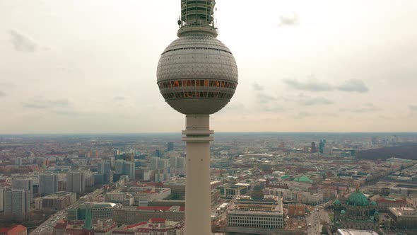 Berlin TV Tower Super Closeup During a Cloudy Day, Aerial View alt