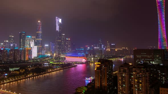 Guangzhou Night Business City Aerial Cityscape China Pearl River with Boats Traffic and Bridges alt