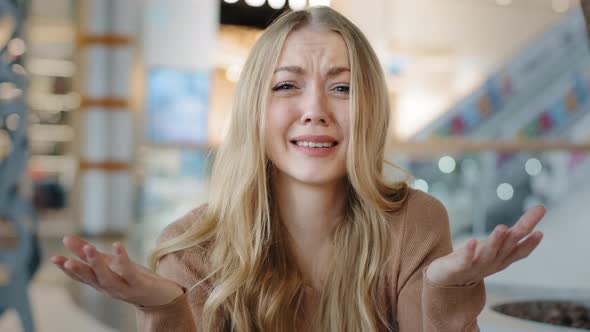 Puzzled Caucasian Woman Upset Furious Girl Blonde Lady Indoor Asks so What Happened Holding Hands v alt