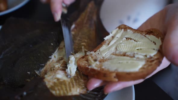 Grilled smoked flounder flat fish stuffing spread on sandwich alt