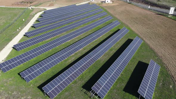 Solar panel farm or Solar power plant in Lagos Portugal. Renewable Energy. Aerial view