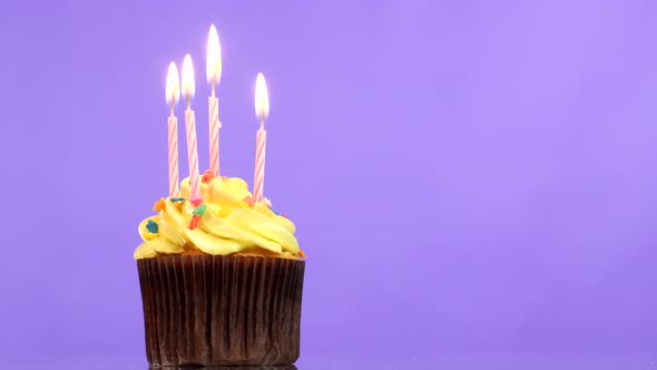 Tasty Birthday Cupcake with Four Candle, on Purple Background. Going Out alt