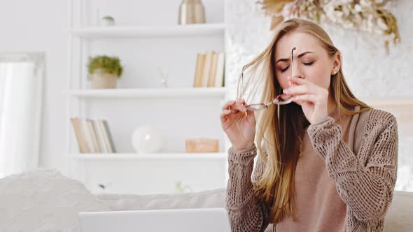 Portrait Young Adult Girl Blonde Caucasian Woman Freelance Female Student Wears Glasses Looks at alt