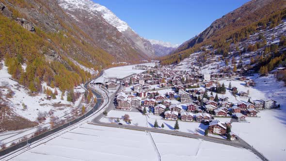 The Village of Tasch in Switzerland in the Winter Aerial View alt