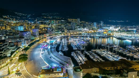 Panorama of Monte Carlo Timelapse at Night From the Observation Deck in the Village of Monaco with alt
