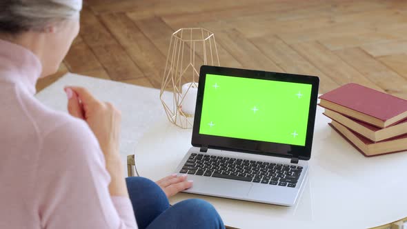 Elderly Mature Woman with Gray Hair and a Video Call on Her Laptop. Laptop with a Green Screen alt