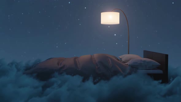 Cozy Bed Illuminated By Lamp. The Bed Flying Over Fluffy Clouds At Night alt