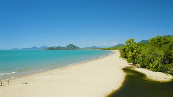 Aerial, View On Huge Beach And Australian Coastline In Palm Cove, Cairns In Queensland, Australia 