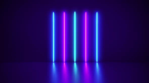 Neon light of colorful on center reflective floor background. Party concept. 4K video loop.