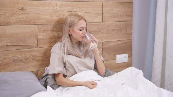 Cute Blond Woman Holding Pills Time to Take Medications Cure for Headache