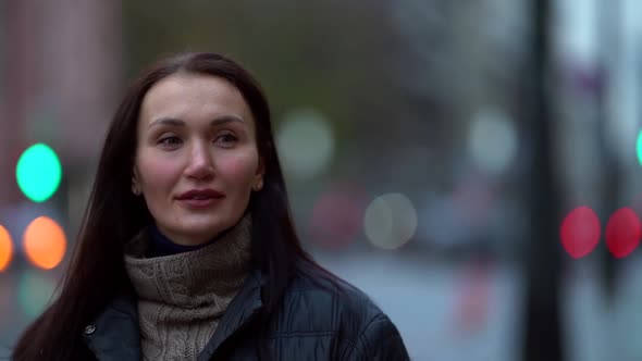 Portrait of Female City Dweller Outdoors at Autumn Day, Pretty Brunette Woman alt