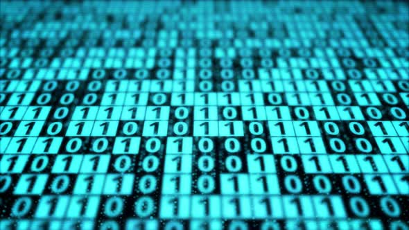 Blue digital binary code matrix on computer monitor display screen