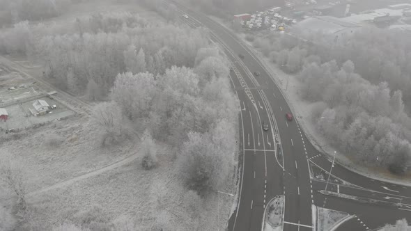 Foggy View Country Road Intersection Scandinavian Winter Pull Back Aerial