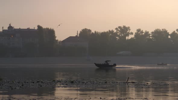 Motorboat Floating Park Lake Autumn Evening alt