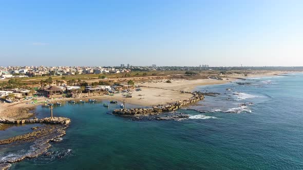 Aerial footage of the fishing bay at mediterranean sea