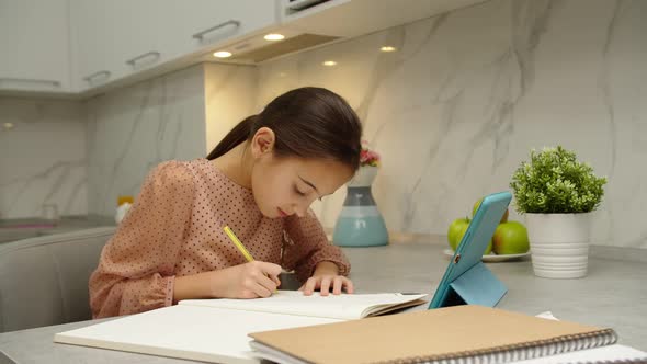 Schoolgirl Writing in Copybook Raising Hand to Answer to Tutor Online alt