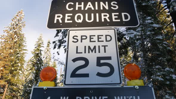 Chains or Snow Tires Required Road Sign Yosemite Winter Forest California USA