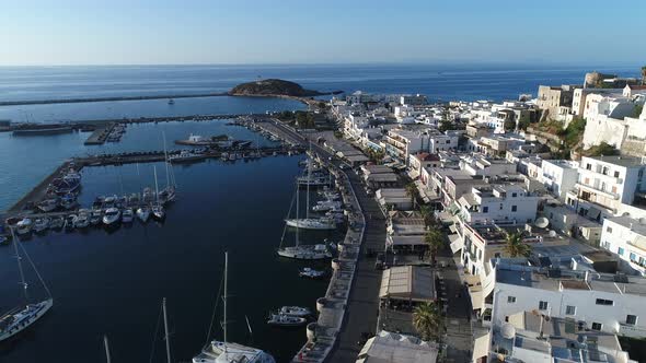 Port of Chora on the island of Naxos in the Cyclades in Greece aerial view alt
