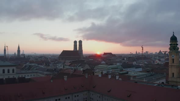 Munich at Sunset Aerial Drone Shot, Frauenkirche alt