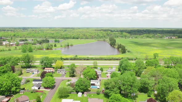 Aerial Landscape of rural fields and houses in Champion,Ohio. Suburban neighborhood in America alt
