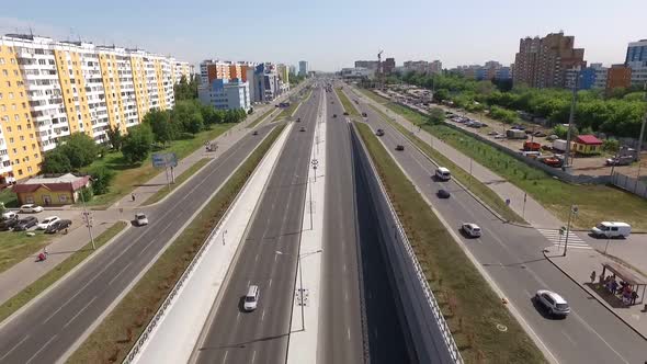 Aerial View of Modern Road in District of Russian City in Summer Day