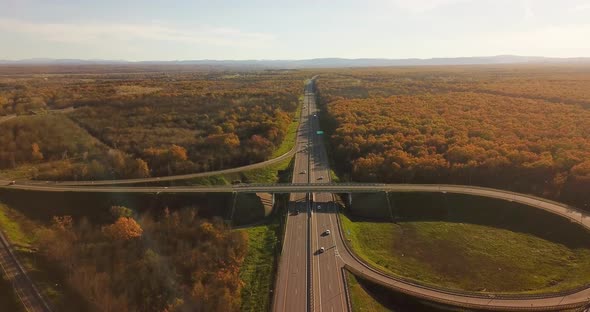 Autumn Aerial View of Highway Road Junction in the Countryside with Trees alt