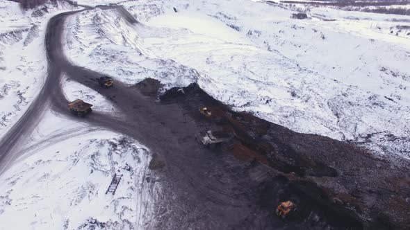 Coal Mine, Dump Trucks Carry Rock and Coal