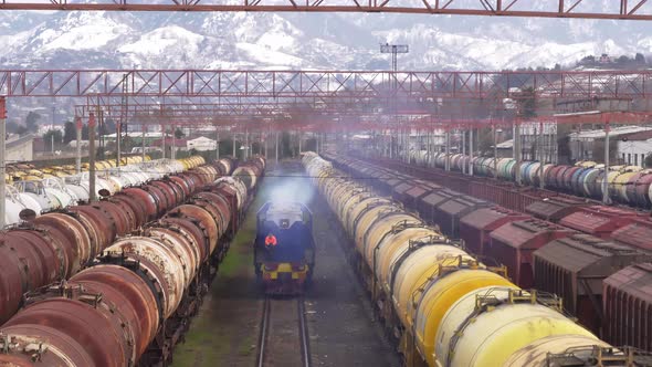 Freight trains parked at the railway station. alt