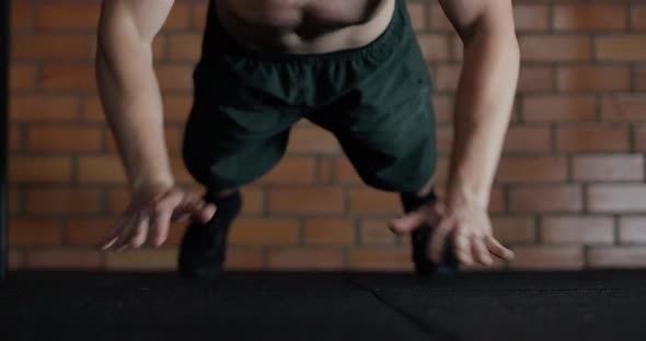Athletic Man in Gym, Man Performs Explosive Pushups, Clapping Push in Slow Motion, Crossfit alt